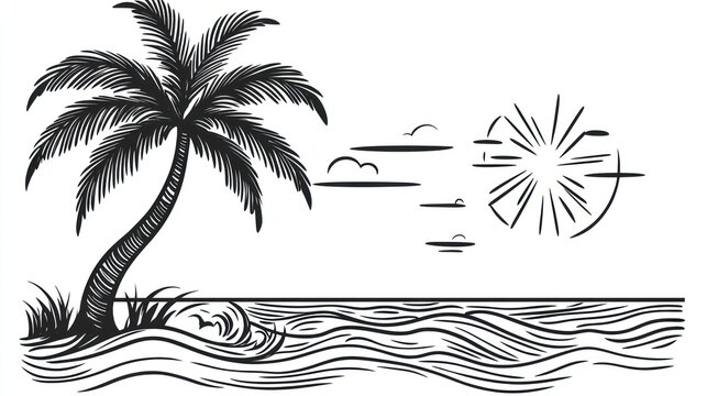 Palm tree ocean scene outline
