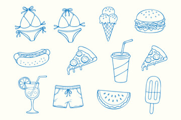 hand drawn, doodle style, blue line art icons, cartoon vector illustration, summer beach party, hotdog, hamburger, ice cream, popsicle, swimsuit, sunglasses, cocktail, watermelon slice, pizza slice