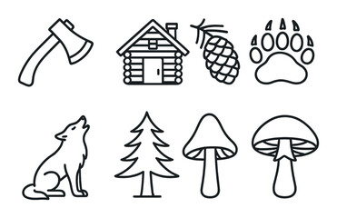 Icons of nature: axe, cabin, pine cone, paw print, wolf, tree, mushrooms