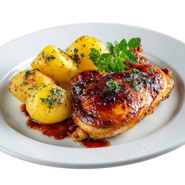 white plate with roasted chicken piece and potatoes
