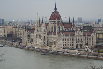 Fototapeta premium Budapest, Hungary, March 3, 2019: Hungarian Parliament Building Viewed from Buda Castle