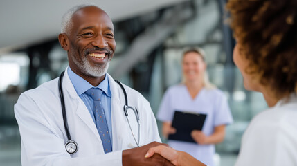 Fototapeta premium Senior male doctor in white coat with stethoscope, smiling and shaking hands with patient, nurse standing nearby with clipboard, modern clinic interior. doctor handshake patient, m