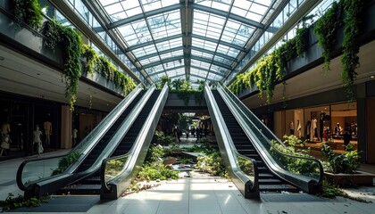 Modern Mall Escalators With Plants with Interior, and Green Lifestyle.