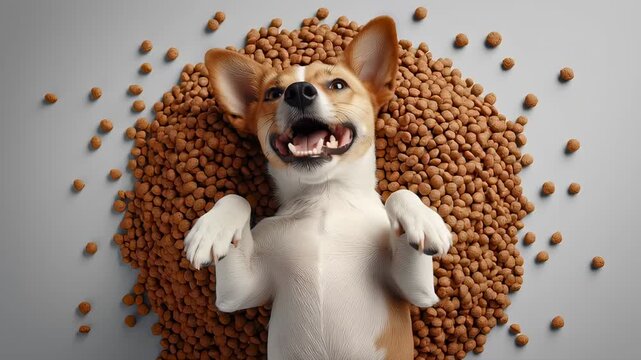 Dog lays playfully on kibble with paws raised. Bright and clean background enhances cheerfulness. Concept of pet care, animal nutrition, dog grooming