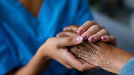Fototapeta premium Nurse in blue uniform holding hands of elderly patient with compassion, close-up of trust and empathy in healthcare support. nurse holding patient hands, healthcare empathy photo,