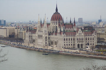 Fototapeta premium Budapest, Hungary, March 3, 2019: Hungarian Parliament Building Viewed from Buda Castle