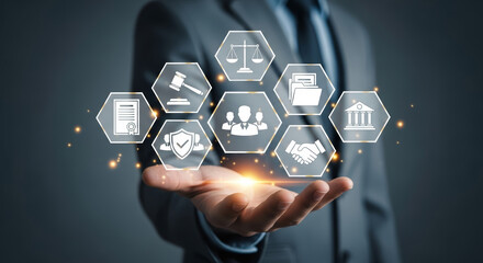Professional businessman presenting legal service solutions for modern business success and corporate compliance worldwide