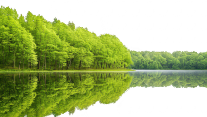 Serene green landscape reflecting in calm water under a clear sky. the beauty of nature and tranquility. ideal for relaxation or environmental themes