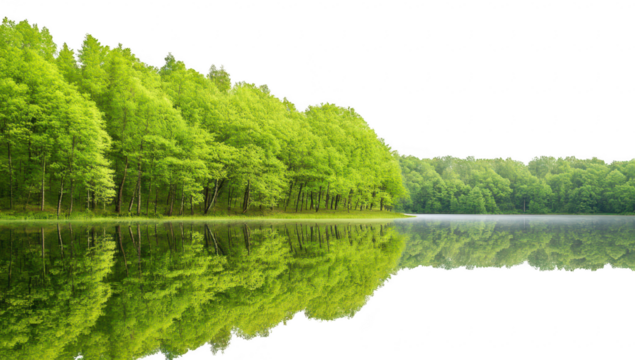 Serene green landscape reflecting in calm water under a clear sky. the beauty of nature and tranquility. ideal for relaxation or environmental themes