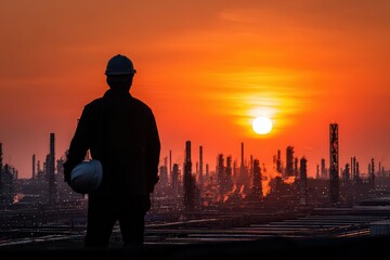 Silhouette Of Worker Gazing At Sunset Over Oil Refinery