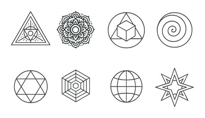 Eight geometric symbols with mandala, hexagon, cube, spiral, and star designs