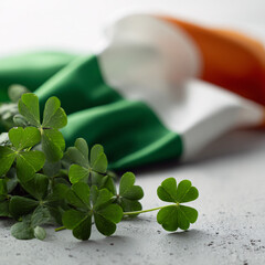 A beautiful Irish flag fluttering in the wind with clovers in the foreground, capturing the essence of St. Patrick’s Day celebrations.