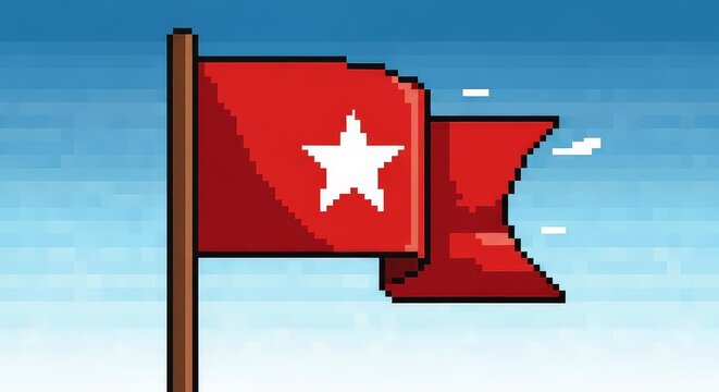 Red pixel art flag waving proudly in a clear blue sky, symbolizing victory and achievement in retro gaming and classic digital design projects - Powered by Adobe