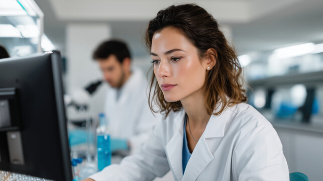 Female researcher examining DNA data on computer monitor, male colleague working nearby, modern laboratory with advanced equipment and glassware. woman scientist DNA research, labo
