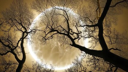 Bare Branches Frame a Golden Moon - Powered by Adobe