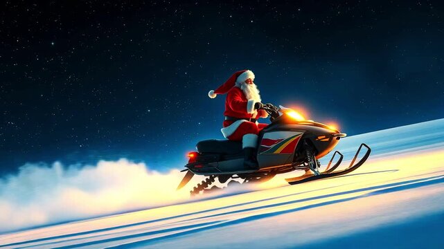 Santa Claus rides a snowmobile with headlights shining, along a road through snowy mountains, starry night sky background. Christmas Eve, kind Santa is in a hurry to give presents to the children
