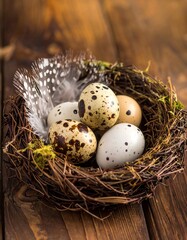 Obraz premium Quail eggs in a nest on wood