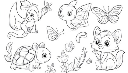 Cute cartoon animals and insects coloring page