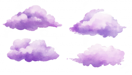 A collection of four whimsical purple watercolor clouds. varying shapes and sizes against a clean white background. ideal for use in creative design projects or illustrations