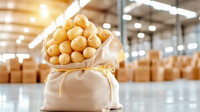 Potatoes stored in burlap sack sit prominently on clean floor of warehouse. Bright lighting highlights organized rows of cardboard boxes. Concept of agriculture, food supply, distribution industry