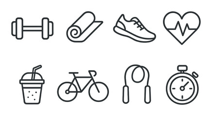 Fototapeta premium Fitness icons: dumbbell, yoga mat, running shoe, heartbeat, smoothie, bicycle, jump rope, stopwatch