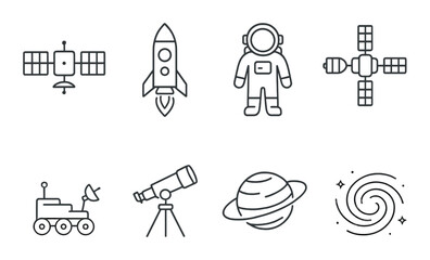 Space exploration icons: satellite, rocket, astronaut, telescope, planet, galaxy