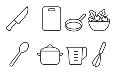 Kitchen utensil icons: knife, cutting board, frying pan, salad bowl, spoon, pot, measuring cup, whisk