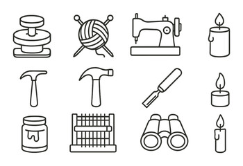 Artisan tools: crafting icons featuring sewing, knitting, and carpentry on brown background