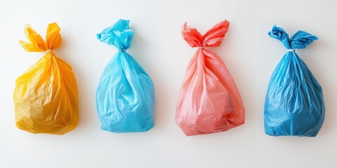 Four plastic bags are arranged in a row against a white background. The bags are colored in yellow, blue, pink, and orange. Each bag is tied with a string. 