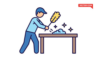 Fototapeta premium Person dusting a table with a duster creating sparkles cleanliness symbol flat design