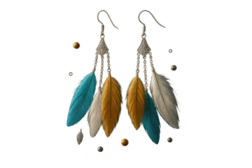 Elegant bohemian feather dangle earrings isolated on transparent background