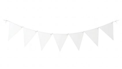 A string of white triangular pennant flags hanging against a plain background. ideal for festive decorations at parties or events. creating a cheerful atmosphere