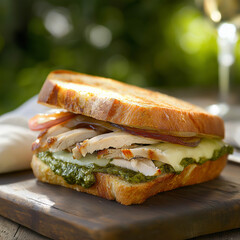 A massive artisan ciabatta sandwich, layered with tender roasted chicken, melted Brie cheese, sweet caramelized onions, and a drizzle of vibrant basil pesto, served on a rustic wooden plate.