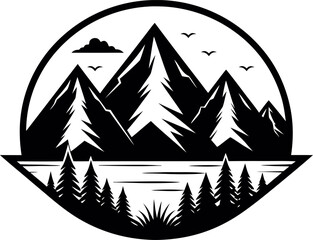 Obraz premium Silhouette of rugged mountains with pine trees landscape vector icon for logo design