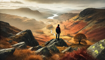 Solitary Explorer Overlooking a Vast, Rolling Valley