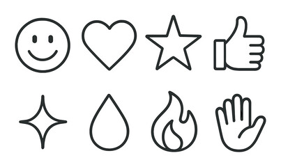 Outlined emoji set: smile, heart, star, thumb, sparkle, water, fire, hand symbols