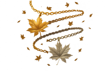 Golden and silver maple leaf ornaments and chains on transparent background.