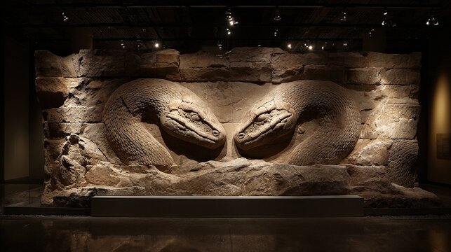 A fossilized two-headed serpent emerging dramatically from stone under museum lighting, evoking ancient mysteries.