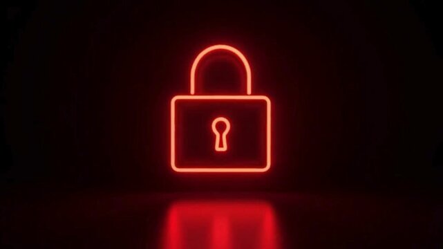 Neon glowing open padlock icon with radiant red aura