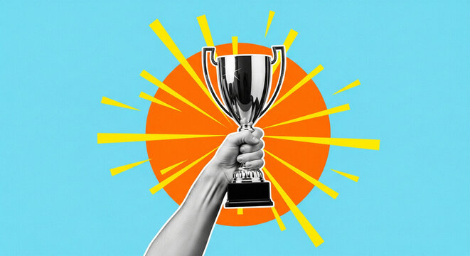 Collage Art Metallic Trophy Hand Held, Sunburst Design, Achievement Image