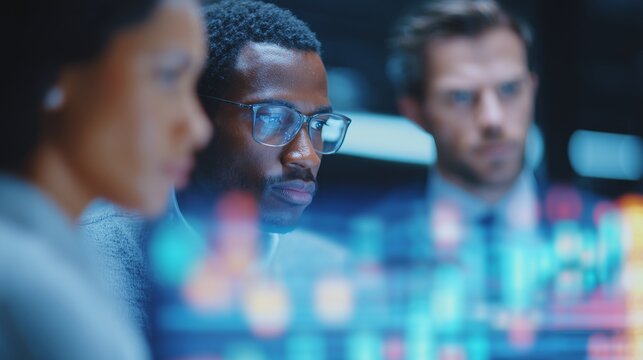 Diverse colleagues discussing financial strategy with holographic stock data on tablet in modern office