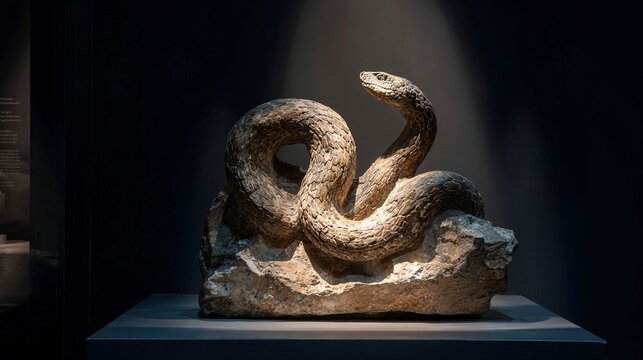 A fossilized two-headed serpent emerging dramatically from stone under museum lighting, evoking ancient mysteries.