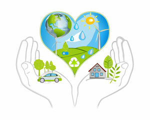 Hands holding a heart shaped globe with symbols of sustainability and nature