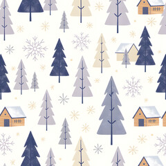 Obraz premium Winter wonderland seamless pattern with trees, snowflakes, and cabins.