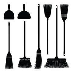 Collection of black silhouettes of various brooms and dustpans for cleaning tasks silhouette