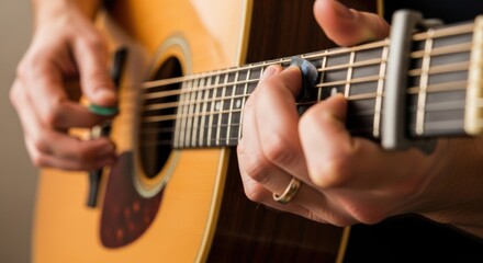 Obraz premium Captivating acoustic melody close-up captures strumming musical instrument