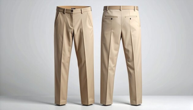 Elegant beige tailored trousers presented front and back showcasing classic style perfect for professional wardrobes and modern business looks.