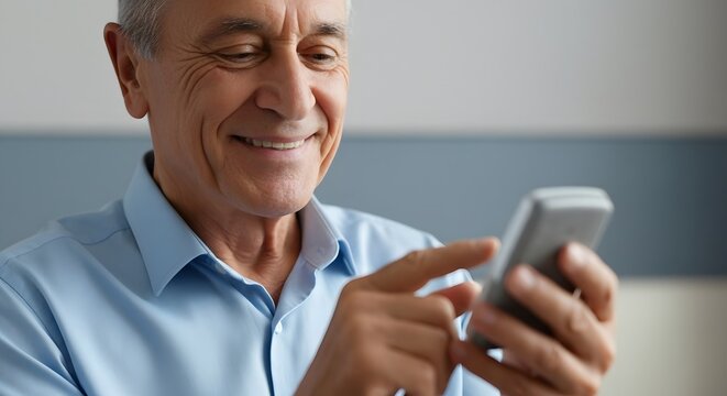 Elderly man smiling while using smartphone indoors in natural light   - Powered by Adobe