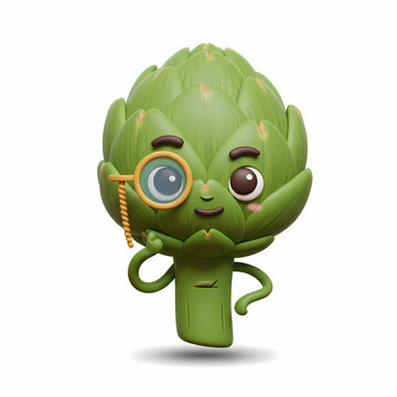 Cartoon character representing an artichoke with glasses and a smile  