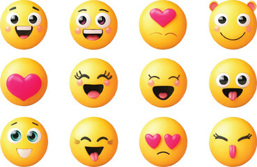 Fototapeta premium Collection of Twelve Yellow Emoji Faces with Various Expressions and Hearts emoticon